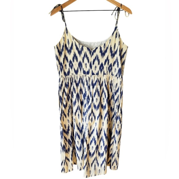 J Crew Cotton Blue White Geometric Tribal Print Lined Tie Strap Dress Sz 10 - Picture 2 of 6